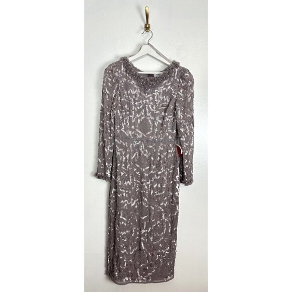 MAC DUGGAL Ruffle Neck Long Sleeve Sequin Midi Dress in Mauve Size US 6 - Picture 3 of 12
